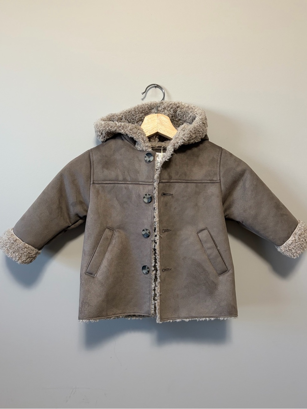 Zara Kids Taupe Faux Shearling Hooded Puffer Coat